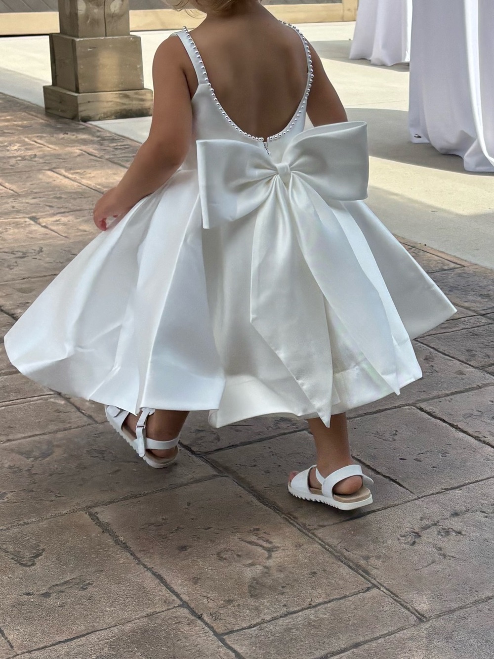 Short Ivory Mikado Flower Girl Dress with Bow and pearls - Toddler Dresses